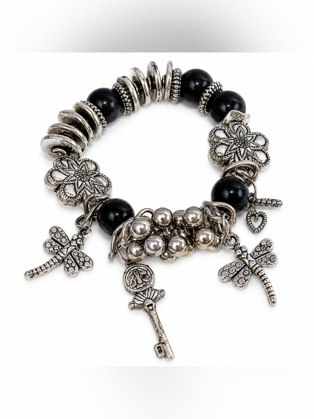 Black Silver Tone Dragonfly Key Charm Stretch Bracelet Statement Boho Jewelry VG